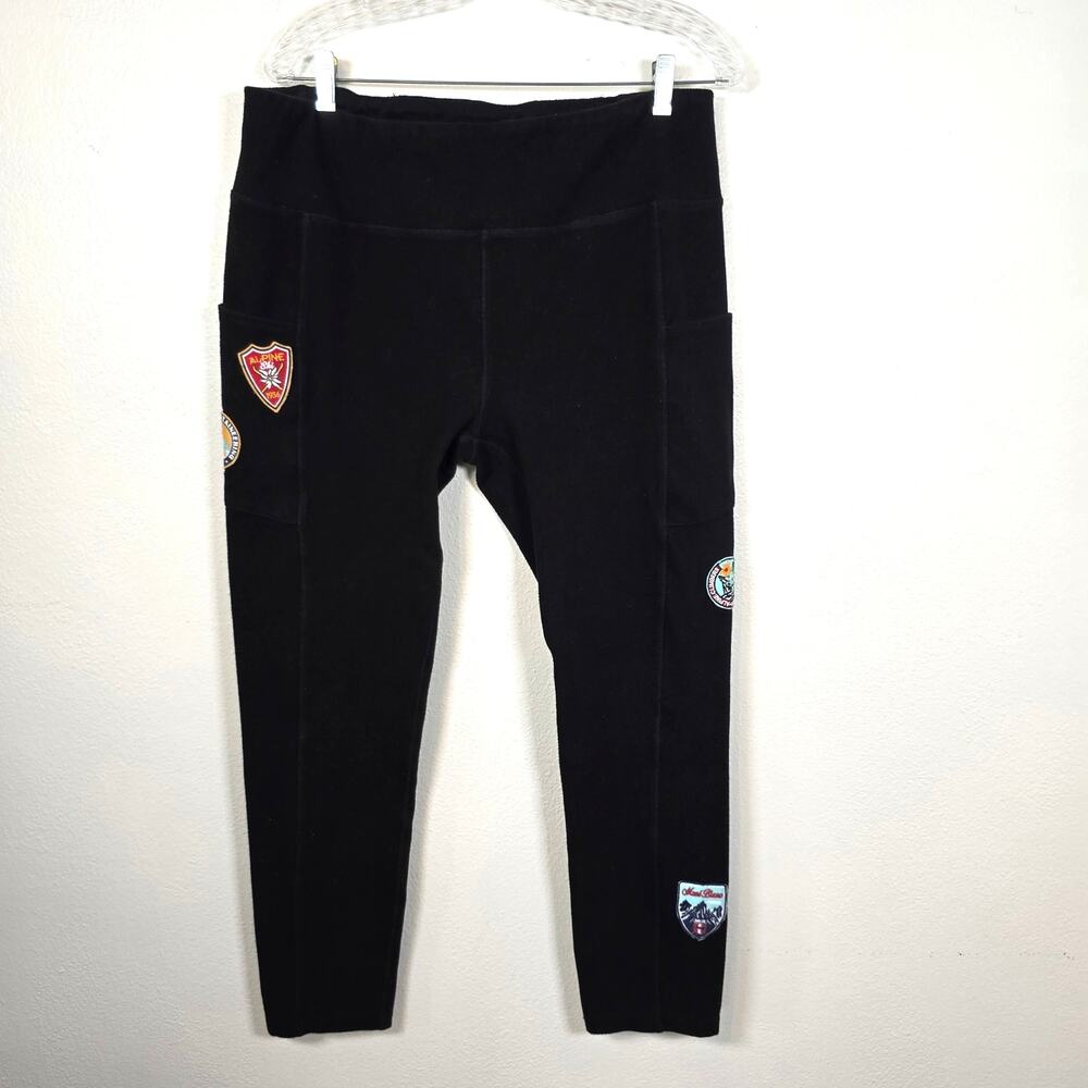 Sundance Lodge Leggings Women's XL Black Mountain Ski Patches Gorpcore Outdoor